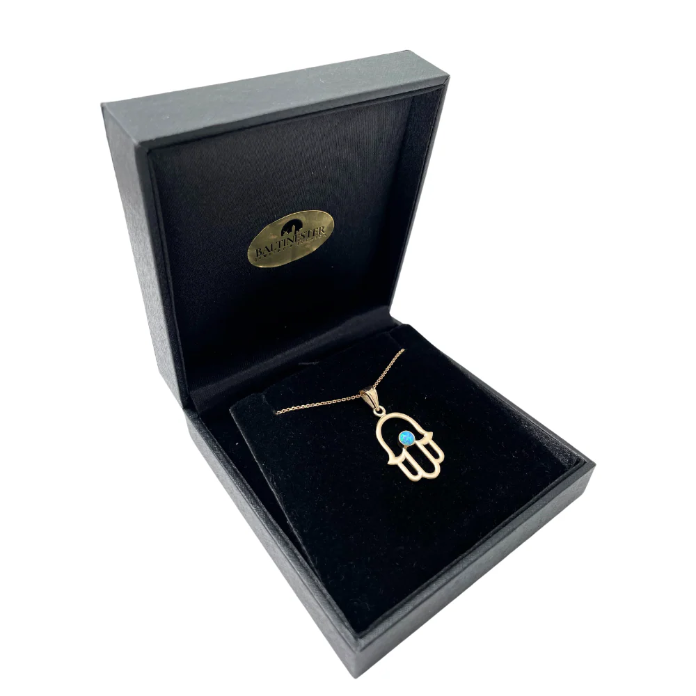Hamsa Pendant with Light Blue Opal Stone in 14K Gold - Image 2