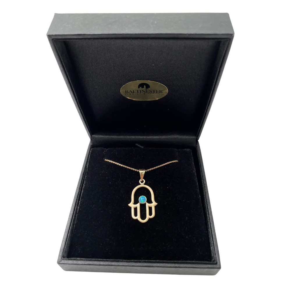 Hamsa Pendant with Light Blue Opal Stone in 14K Gold - Image 3