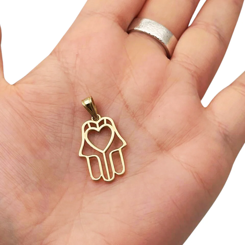 14k Gold Heart Outline Hamsa Pendant - Image 5