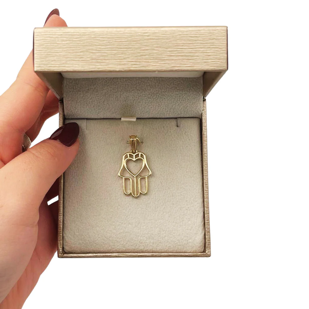 14k Gold Heart Outline Hamsa Pendant - Image 7