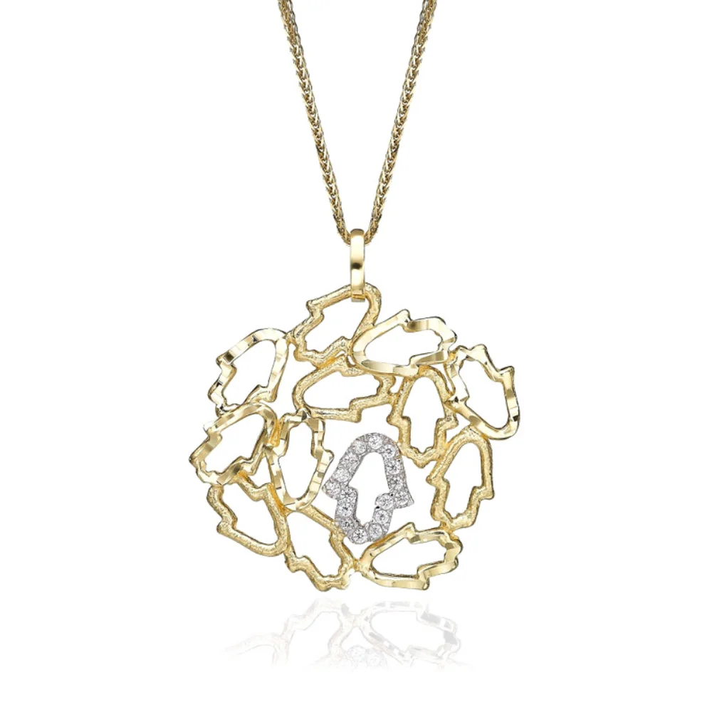 Hamsa Pendant - 14K Yellow Gold Diamond Studded Recurrent Hamsa - Image 5
