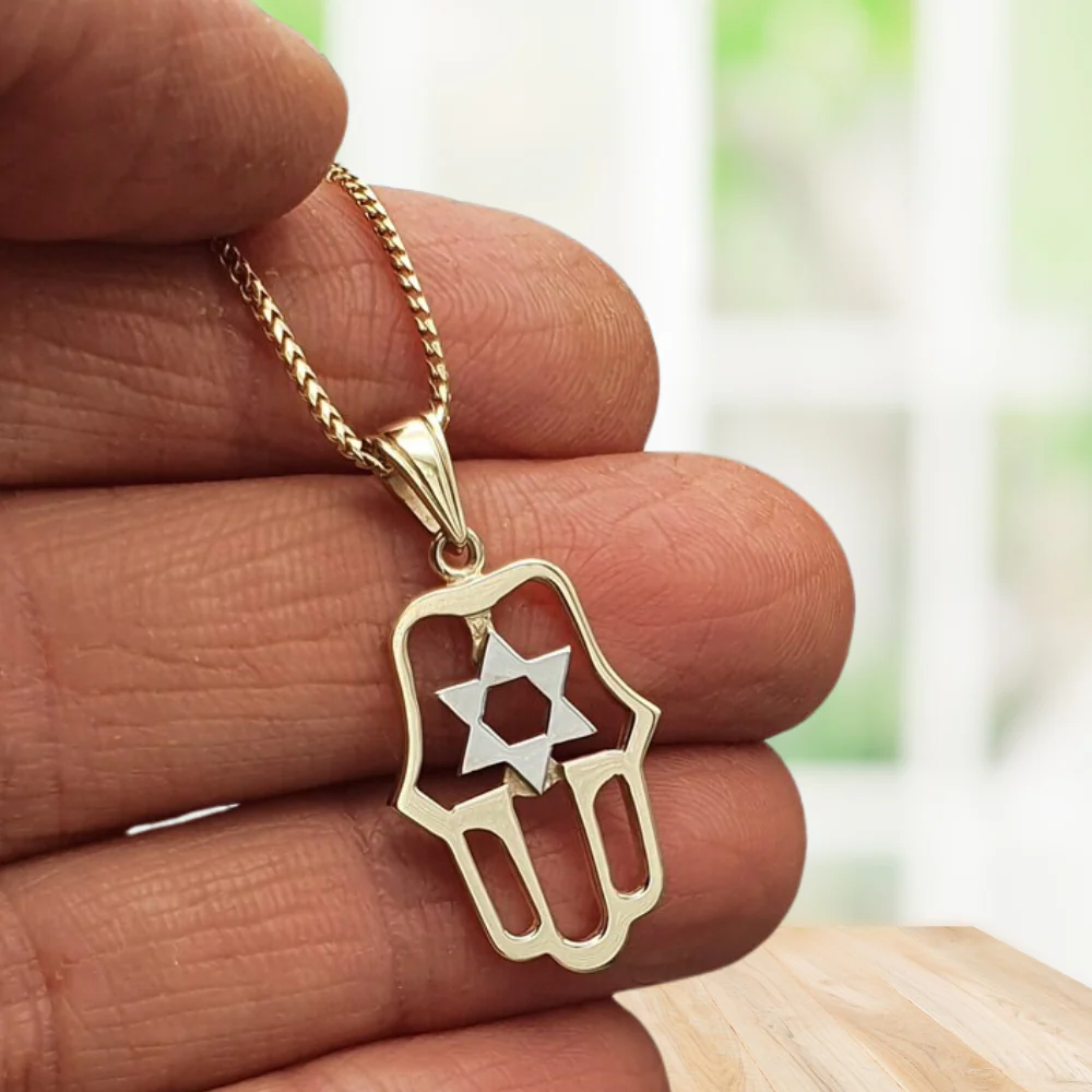 14K Gold Star of David Cutout Hamsa Pendant - Image 2