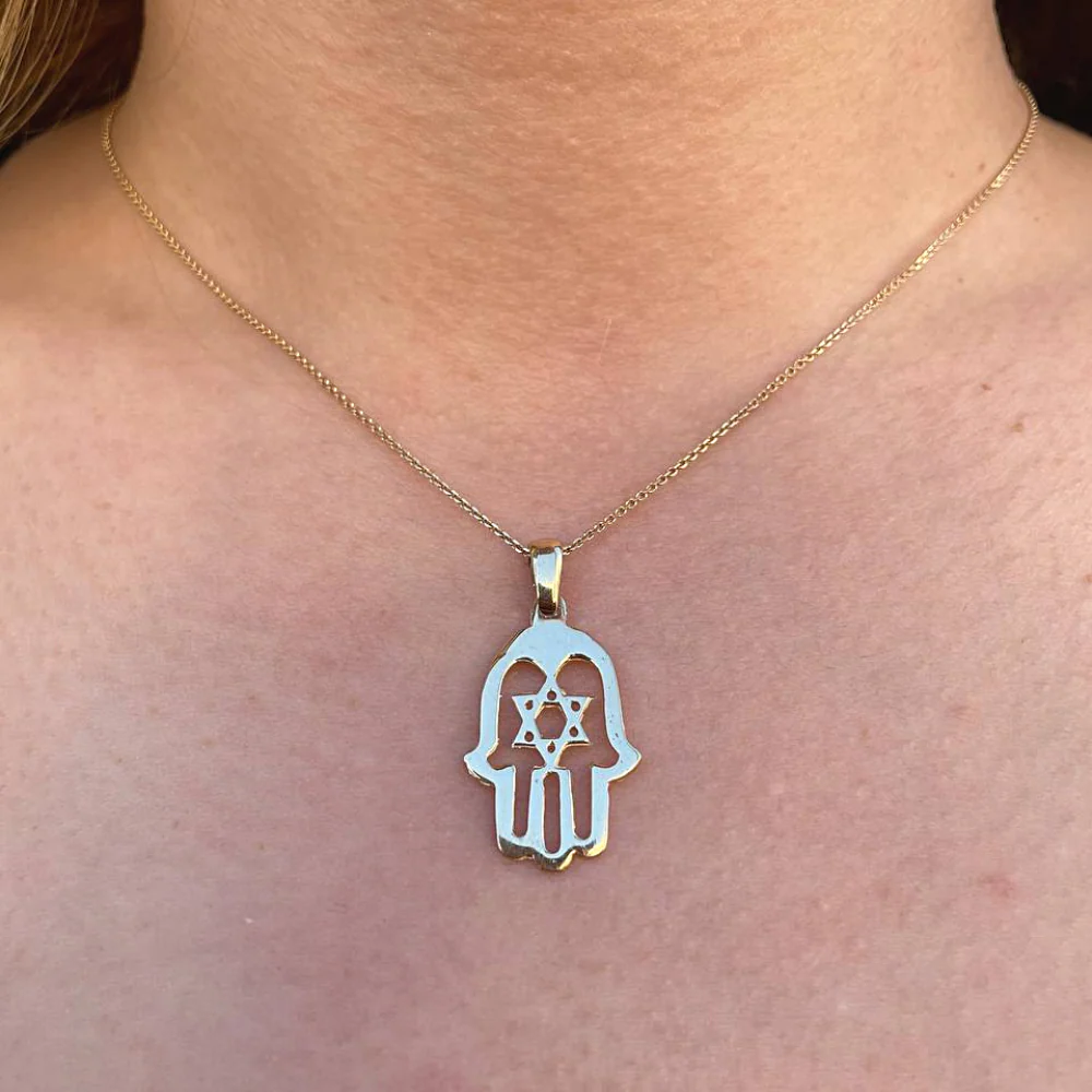 Hamsa Hand Star of David Pendant - 14k Gold - Image 2