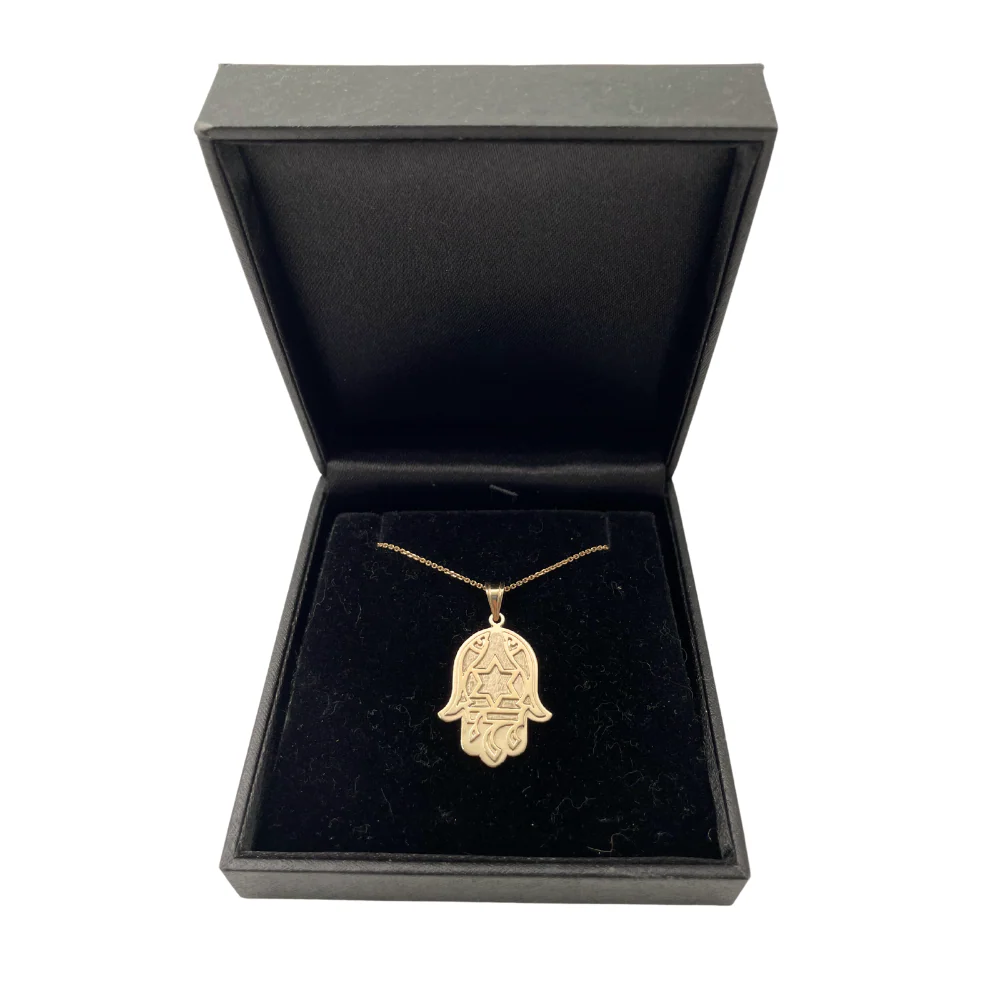 14k Gold Florentine Fish Chai Protection Hamsa Pendant - Image 3