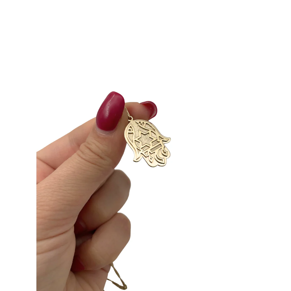 14k Gold Florentine Fish Chai Protection Hamsa Pendant - Image 5