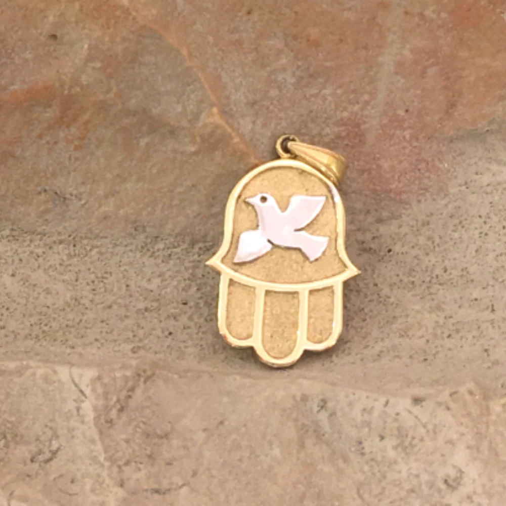 Dove Hamsa Pendant in 14k Gold Florentine - Image 6