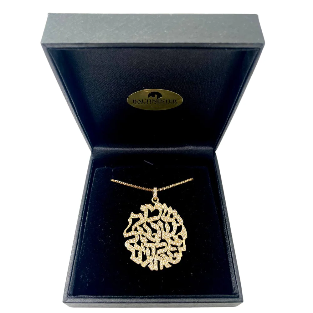 Shema Israel Floating Words Diamond Studded 14k Yellow Gold Pendant - Image 4