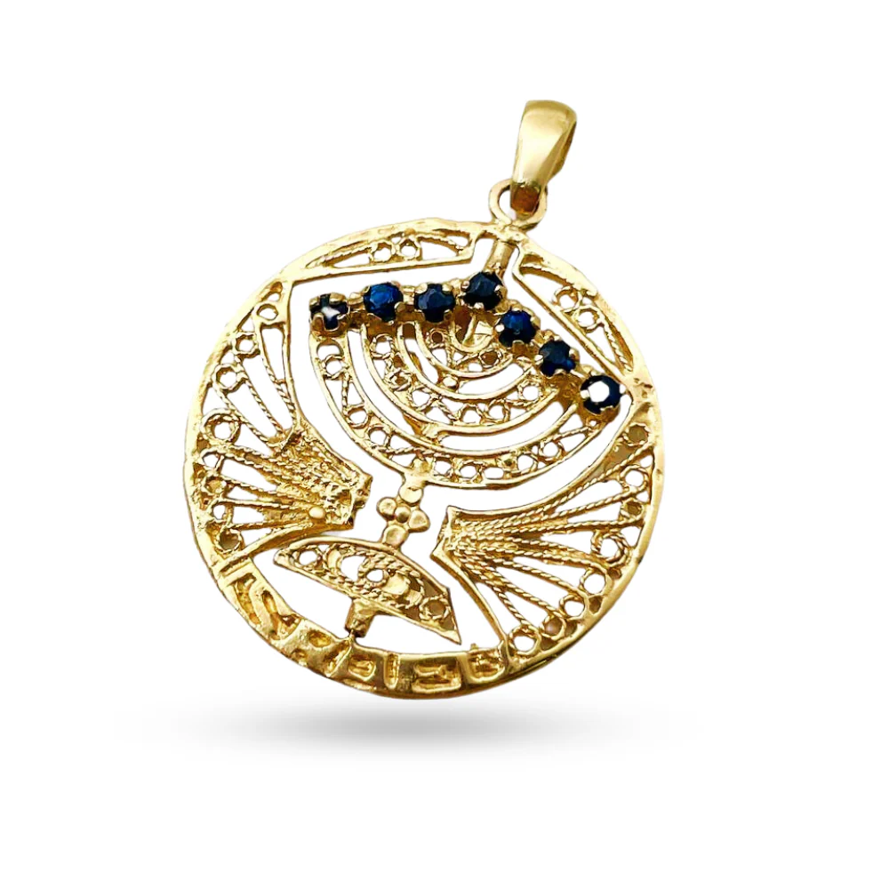 14k Gold Round Menorah Pendant Reversible Ruby and Sapphire - Image 2