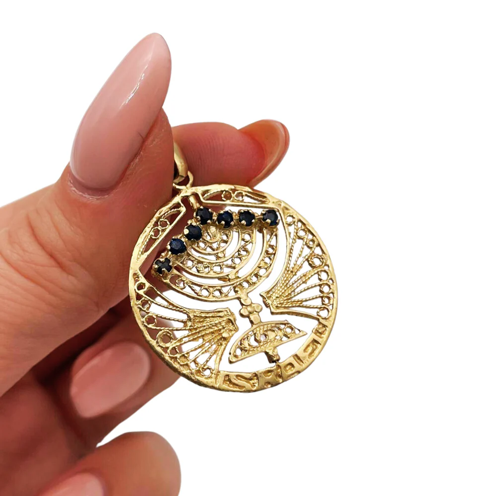 14k Gold Round Menorah Pendant Reversible Ruby and Sapphire - Image 4
