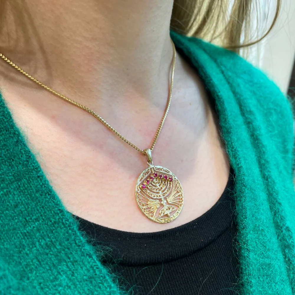 14k Gold Round Menorah Pendant Reversible Ruby and Sapphire - Image 7