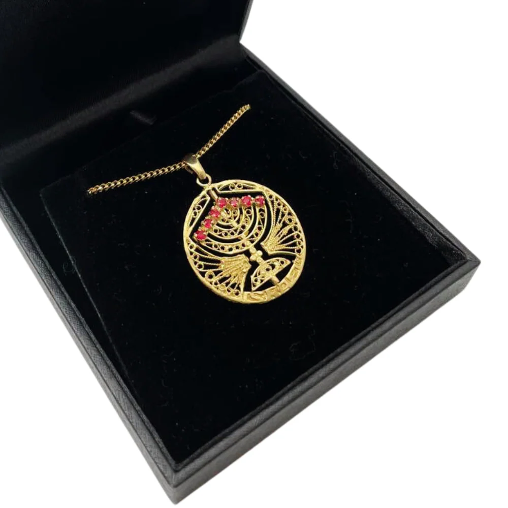 14k Gold Round Menorah Pendant Reversible Ruby and Sapphire - Image 9