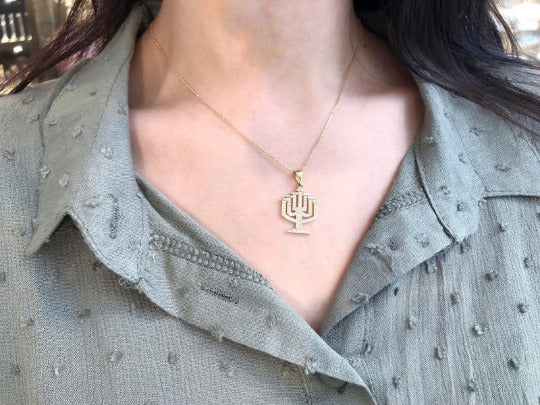14k Gold Diamond Leveled Menorah Pendant - Image 2