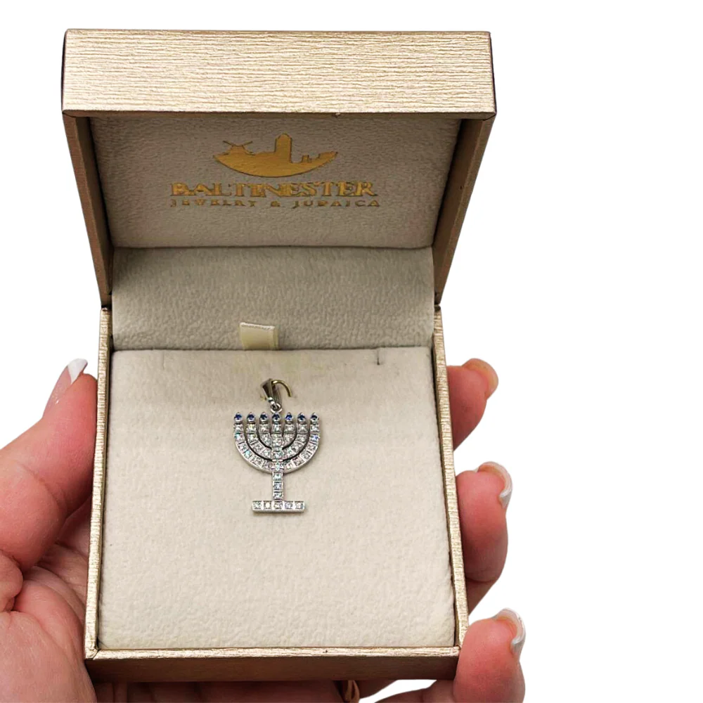 14k White Gold Diamond Sapphire Menorah Pendant - Image 4