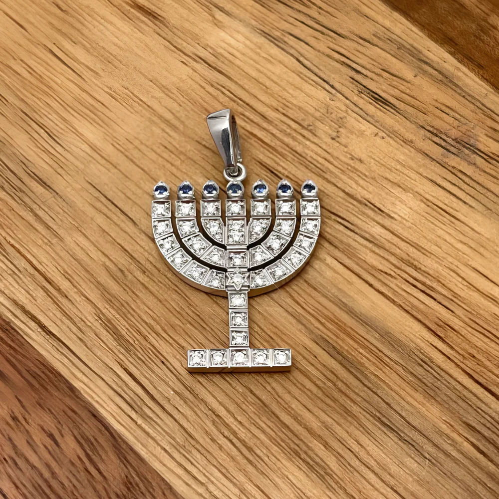 14k White Gold Diamond Sapphire Menorah Pendant - Image 5