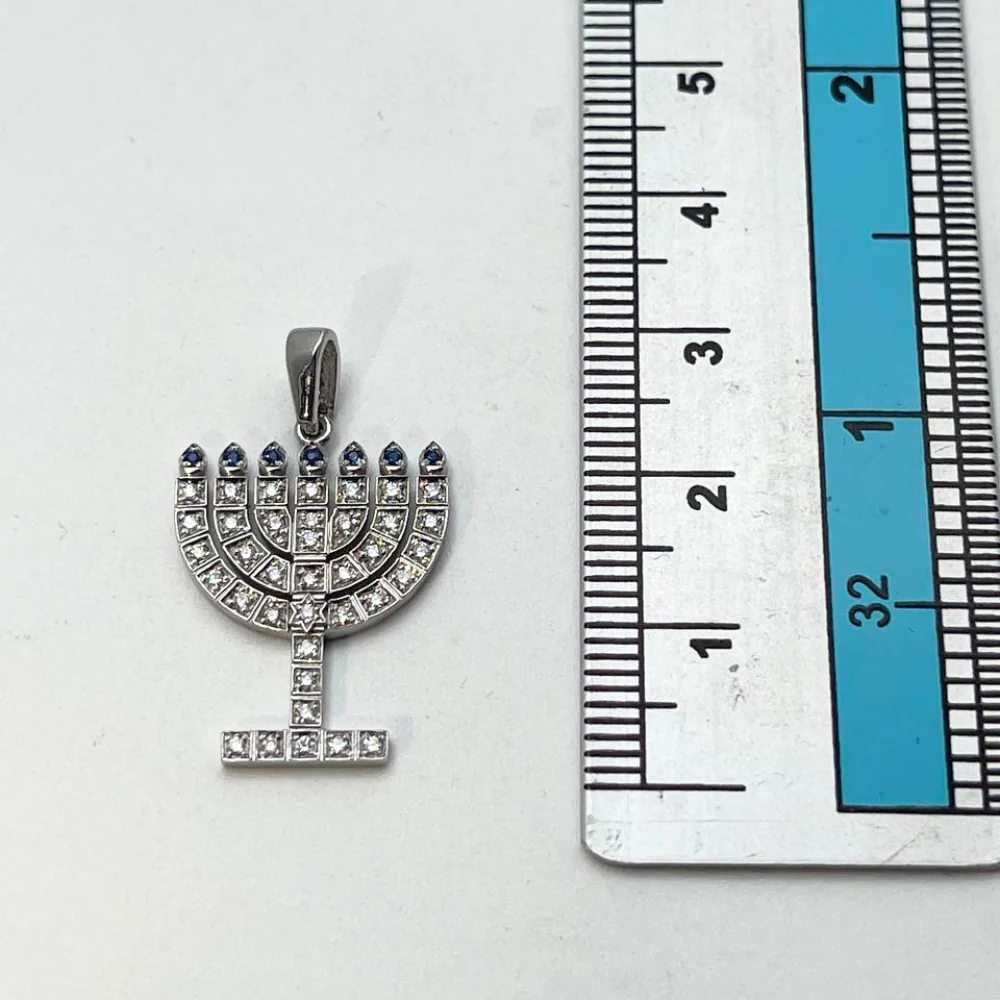 14k White Gold Diamond Sapphire Menorah Pendant - Image 6
