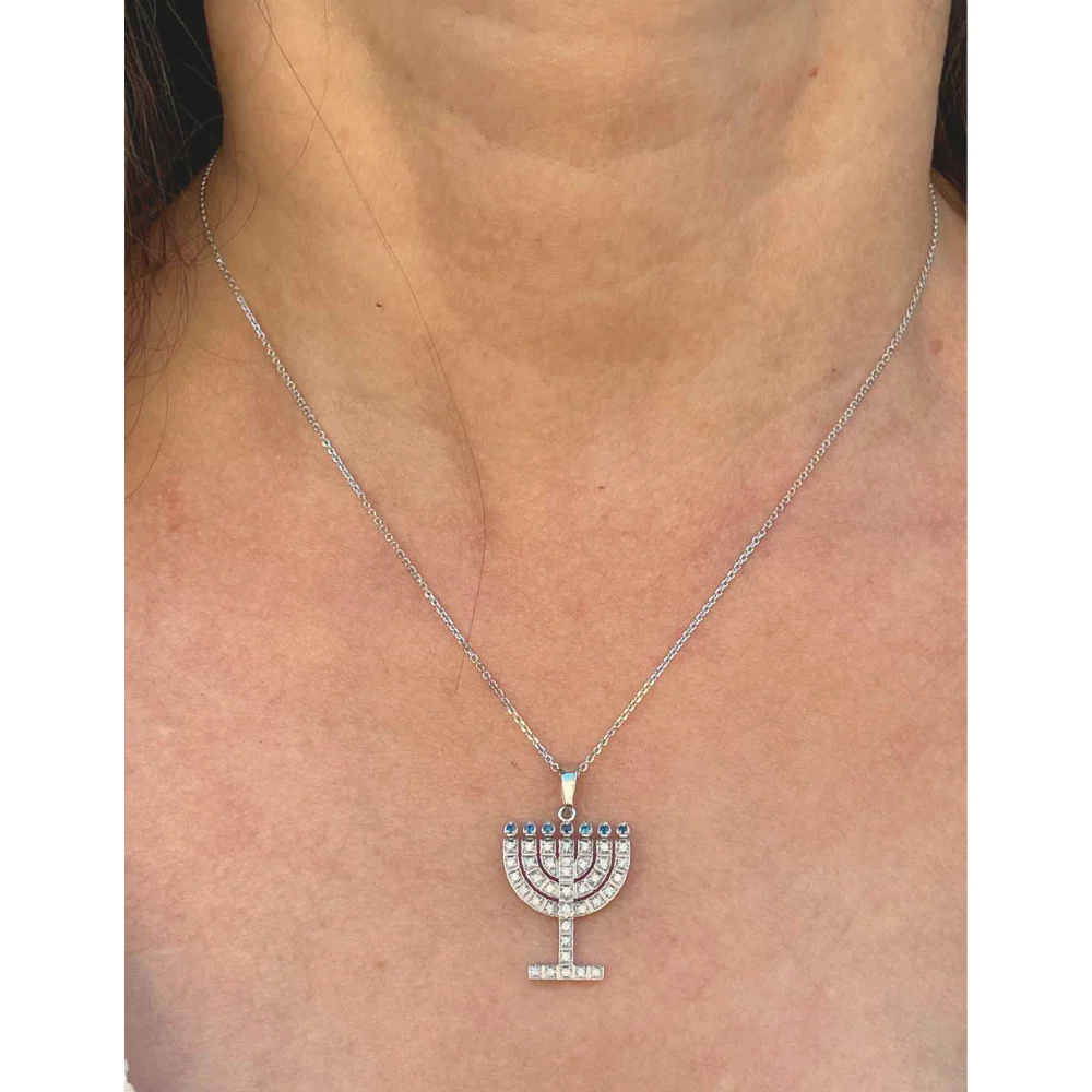 14k White Gold Diamond Sapphire Menorah Pendant - Image 8