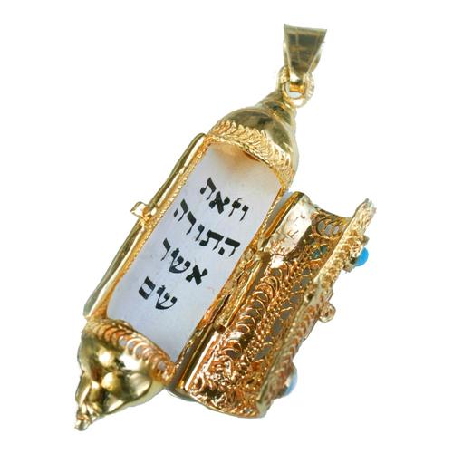 Mezuzah Scroll Pendant 14k Gold Filigree & Enamel - Image 2