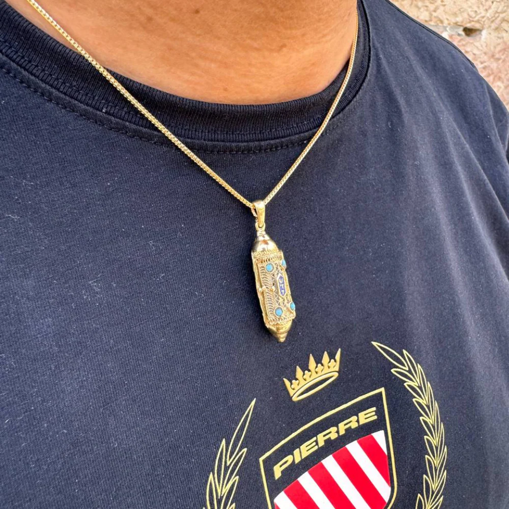 Mezuzah Scroll Pendant 14k Gold Filigree & Enamel - Image 4
