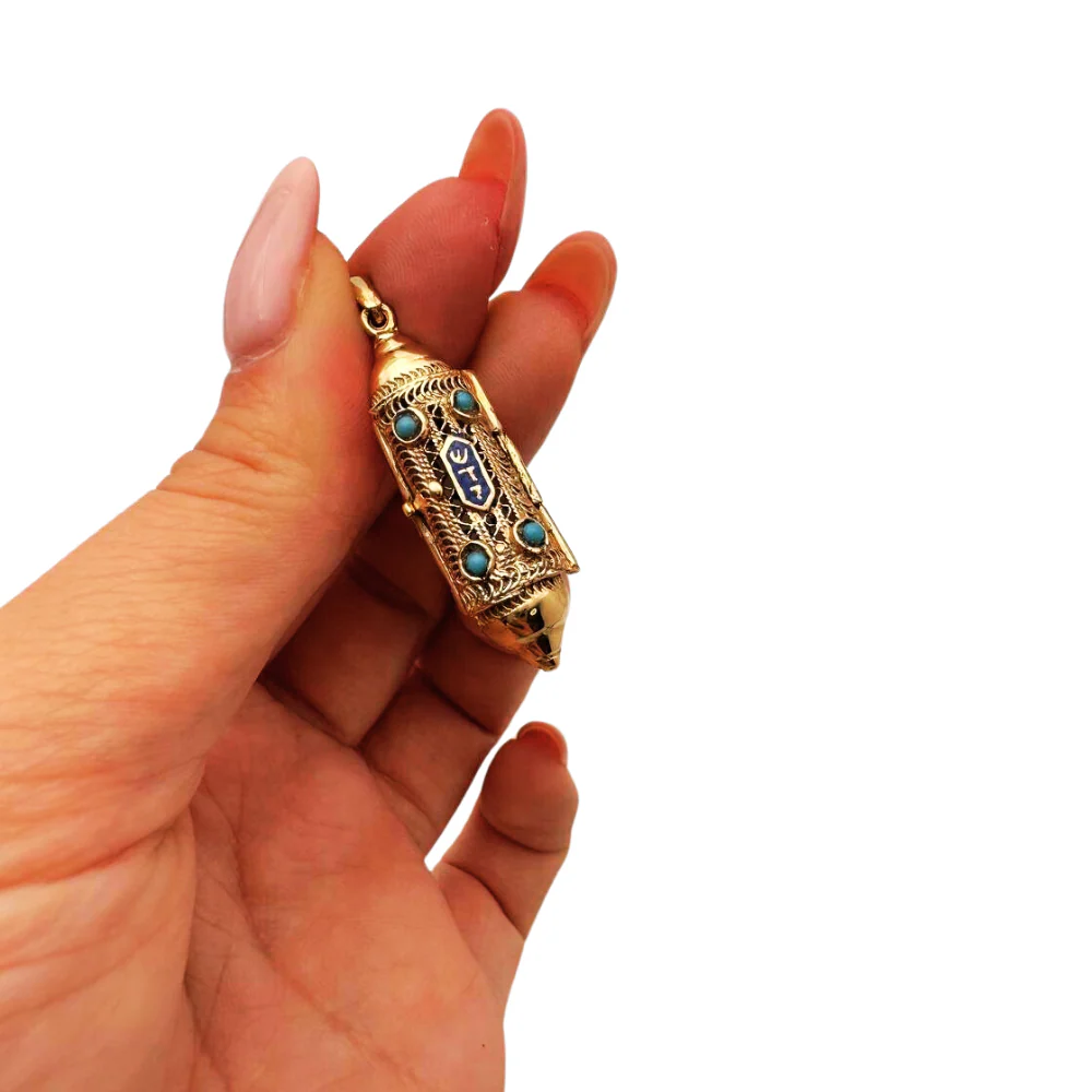 Mezuzah Scroll Pendant 14k Gold Filigree & Enamel - Image 5