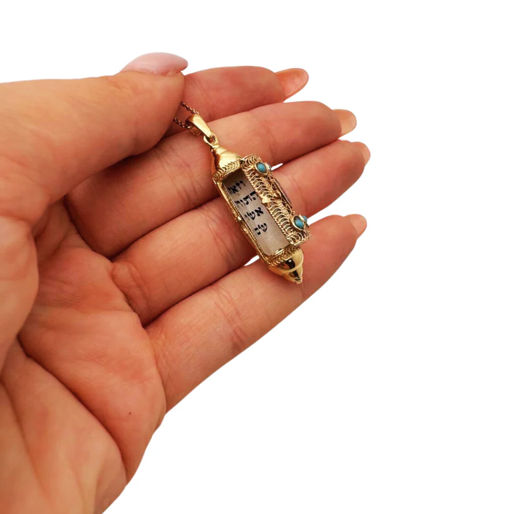 Mezuzah Scroll Pendant 14k Gold Filigree & Enamel - Image 6