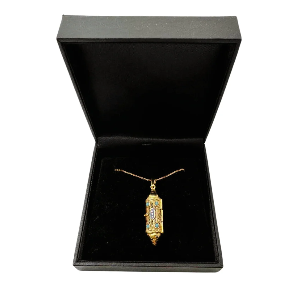 Mezuzah Scroll Pendant 14k Gold Filigree & Enamel - Image 8