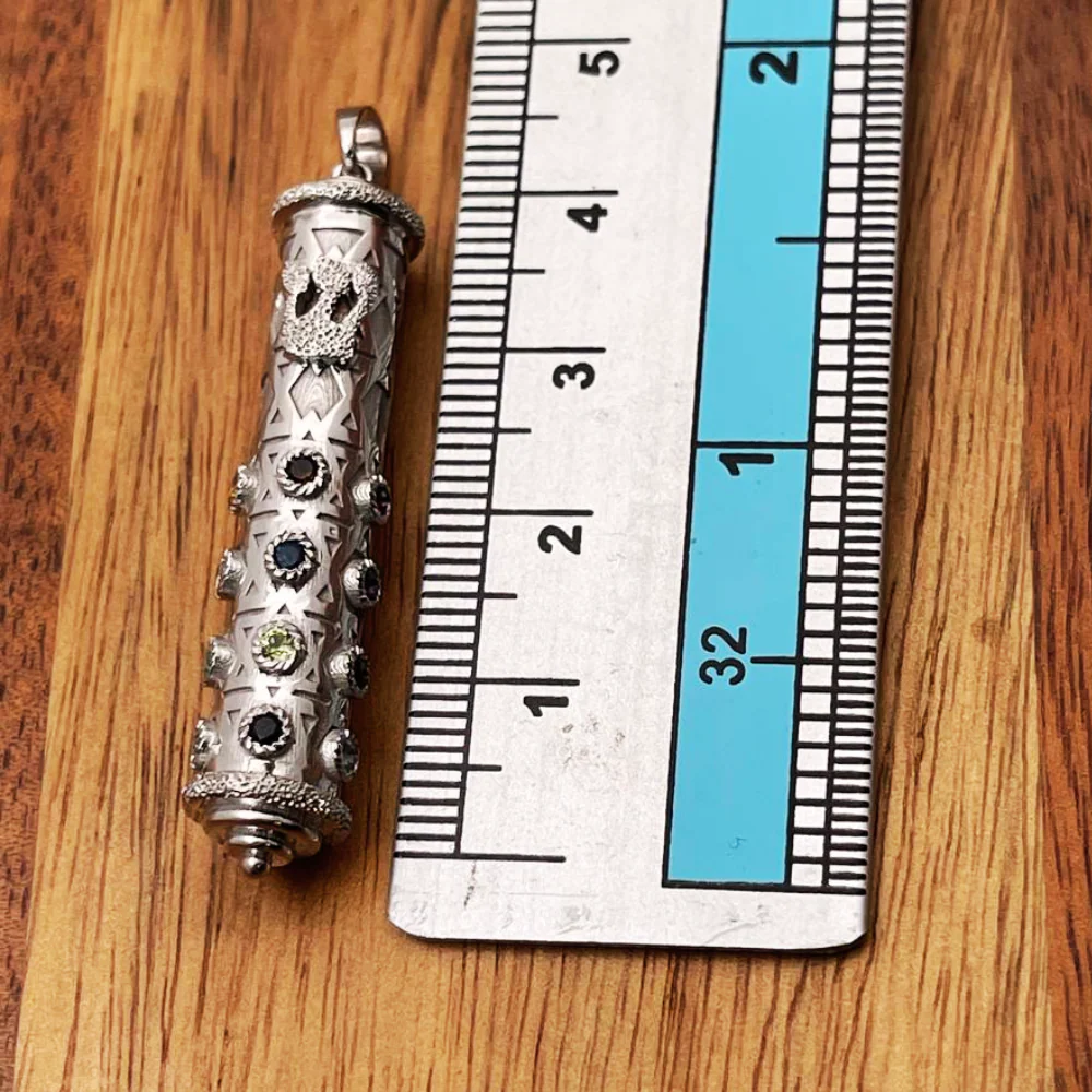 Mezuzah Shin Pendant in 14K White Gold with Hoshen Precious Stones - Image 6