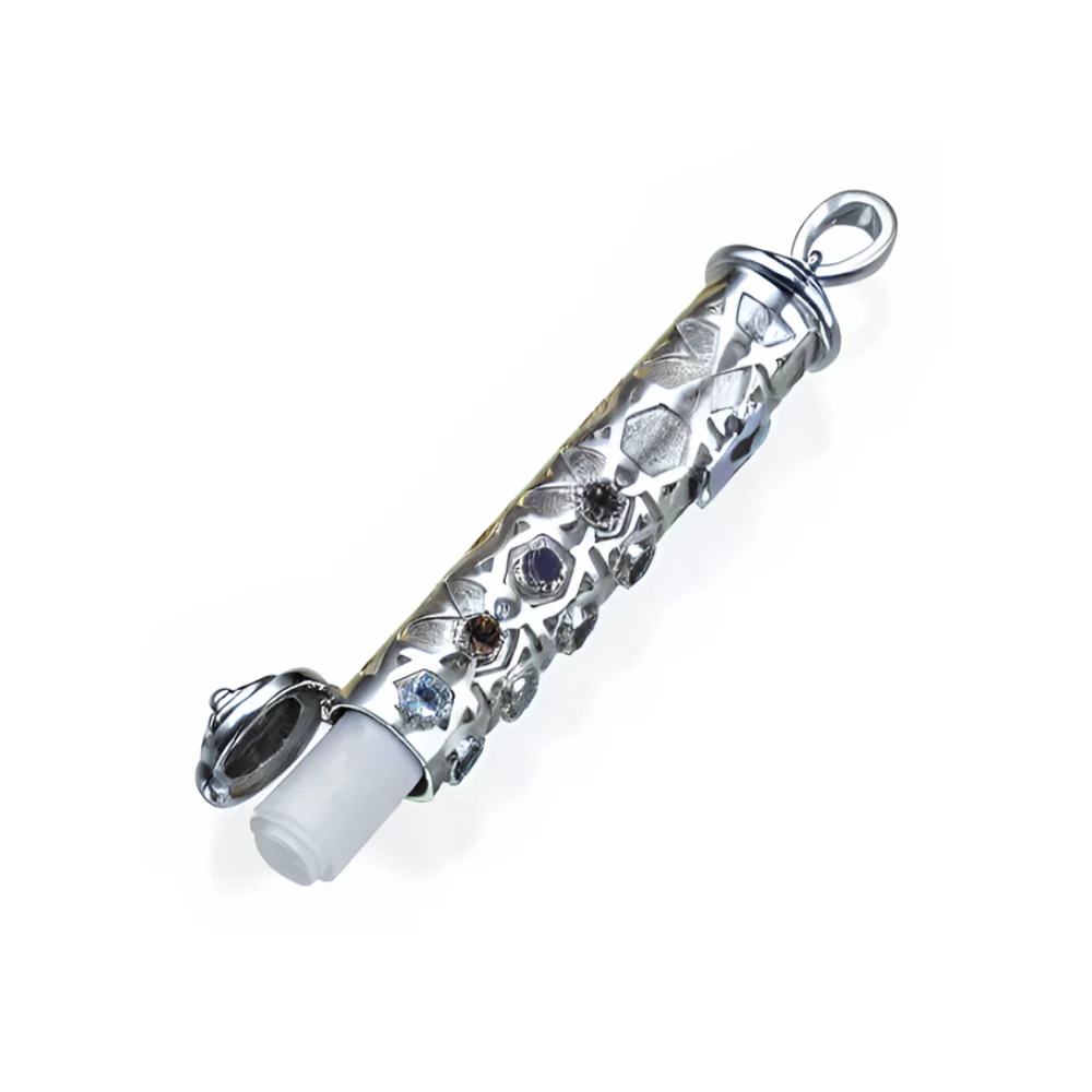 Mezuzah Shin Pendant in 14K White Gold with Hoshen Precious Stones - Image 7