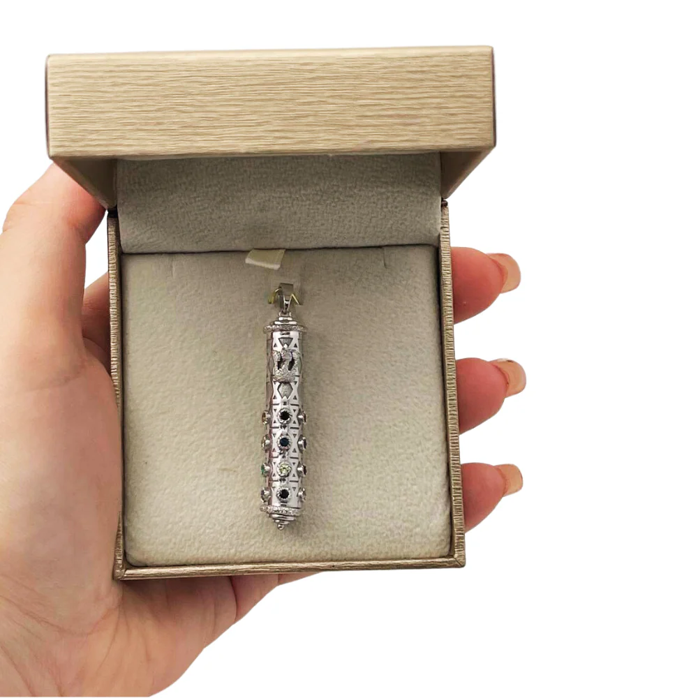 Mezuzah Shin Pendant in 14K White Gold with Hoshen Precious Stones - Image 8