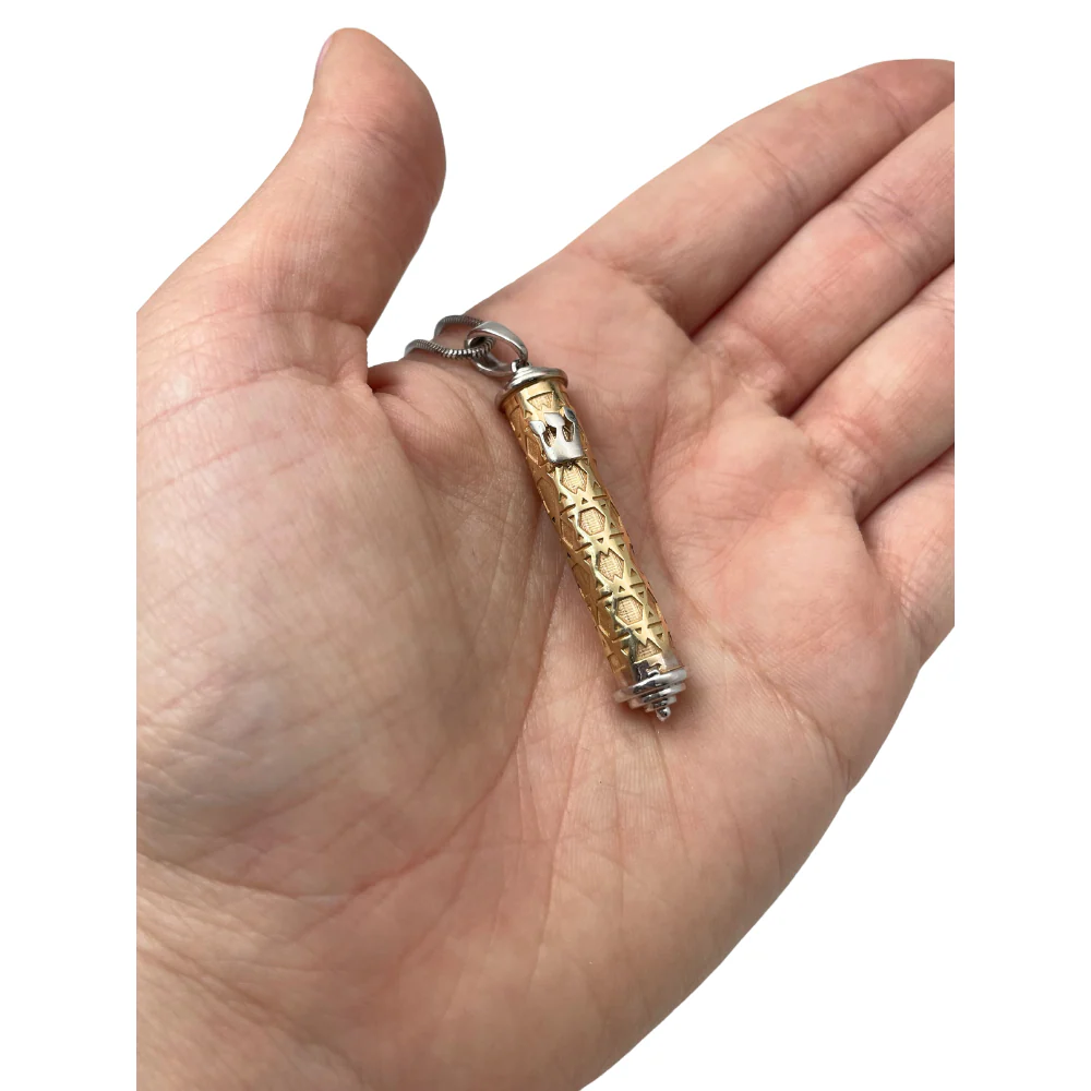 14K Two Tone Gold Star of David Design Mezuzah Pendant - Image 7