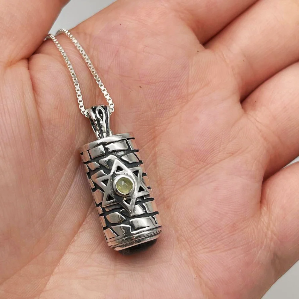 Sterling Silver Star of David Mezuzah Pendant Necklace with Garnet and Chrysoberyl Stones - Image 5