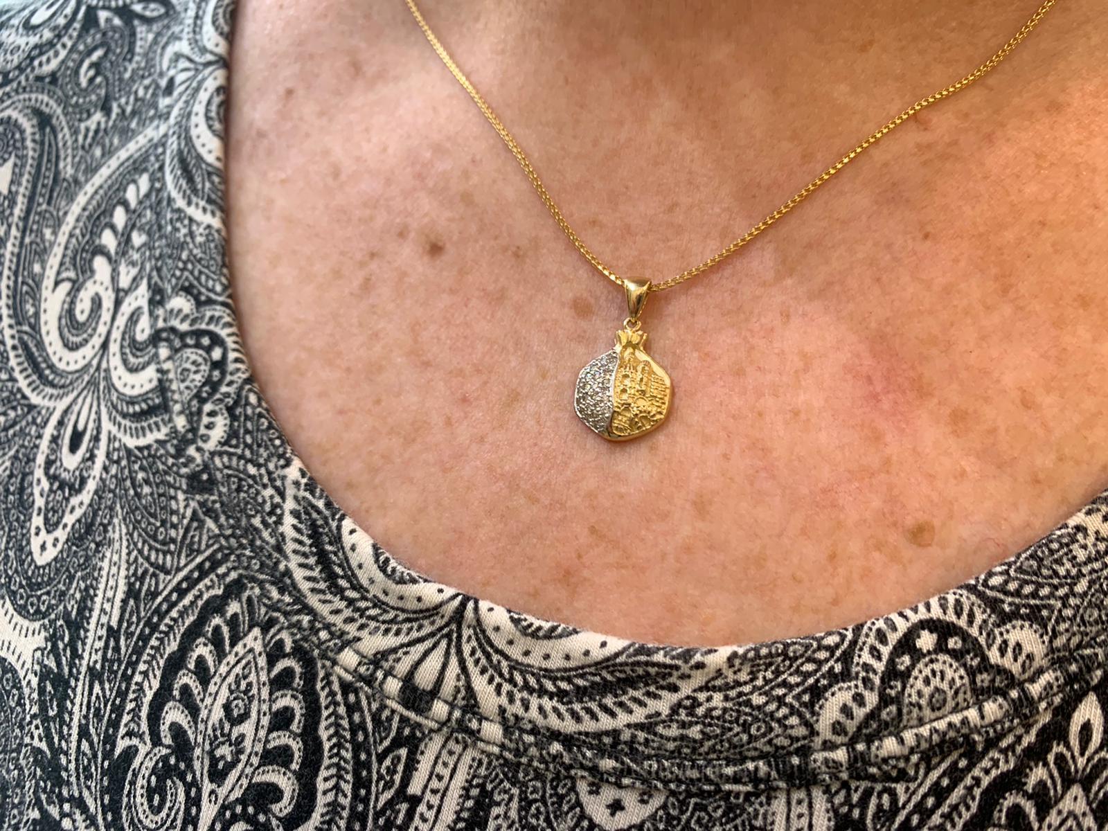 Pomegranate Pendant with Jerusalem Relief in 14K Gold & Diamonds - Image 4