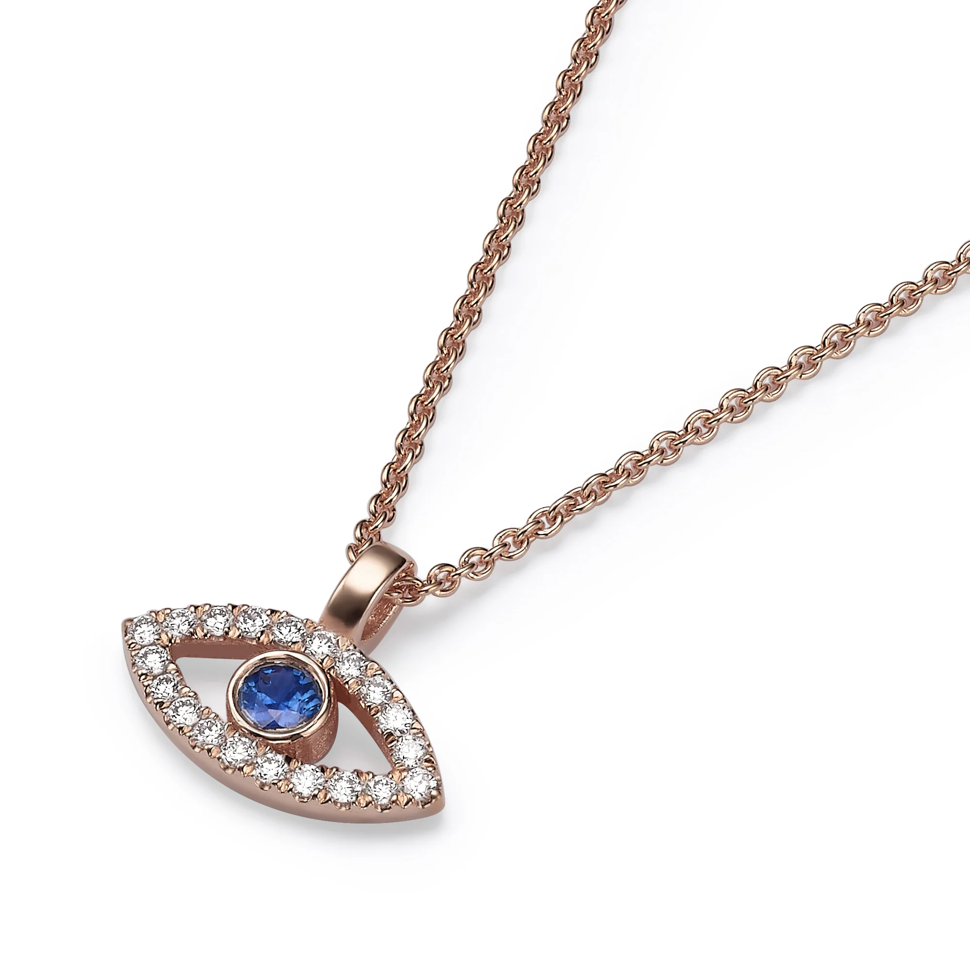 Evil Eye Necklace18k Rose Gold Evil Eye Diamond and Sapphire Pendant Chain Set - Image 2
