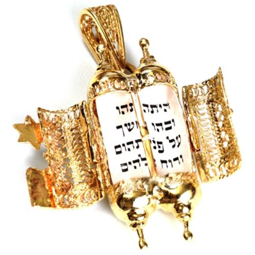 Turquoise 14k Gold Filigree Torah Pendant - Image 2