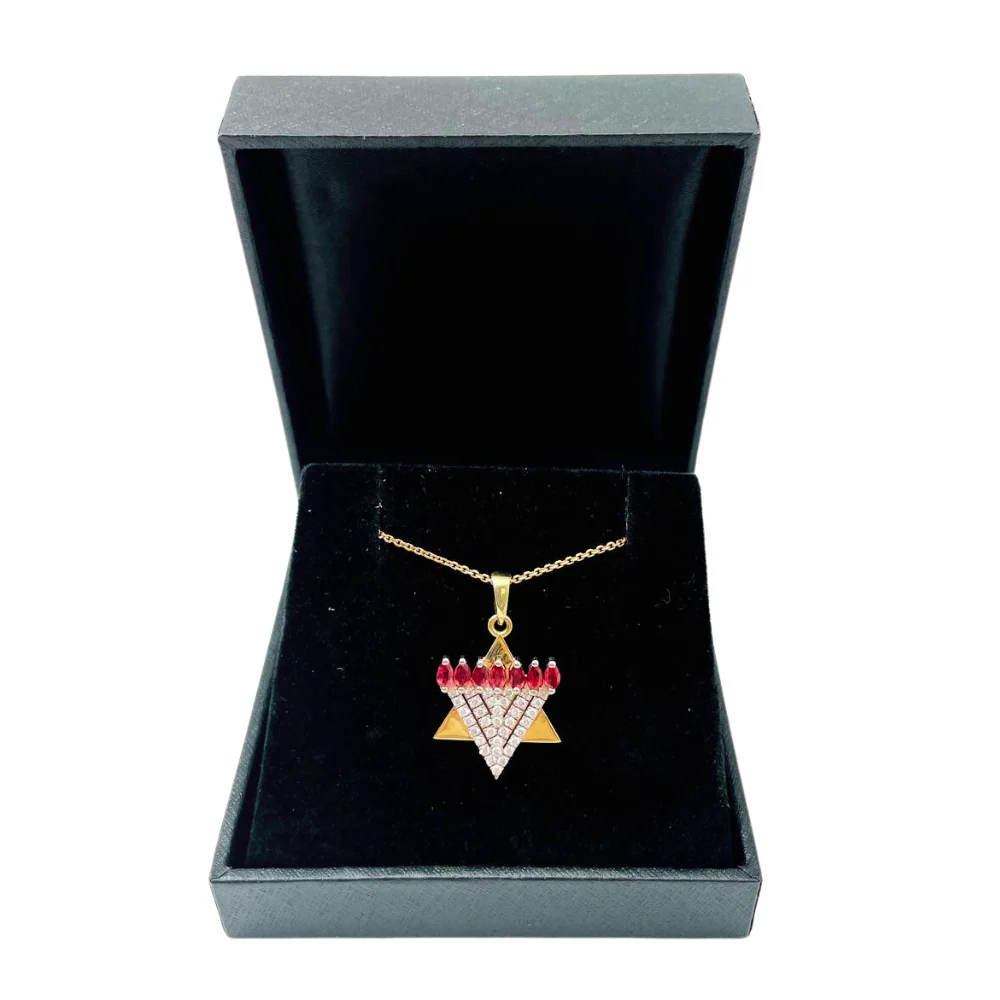Menorah Pendant with Diamonds and Rubies in 14k Gold - Image 4