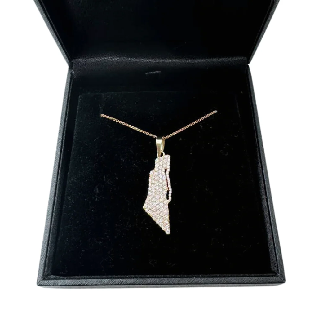 Diamond Studded Map of Israel Pendant with Am Israel Chai in 14K Gold - Image 9