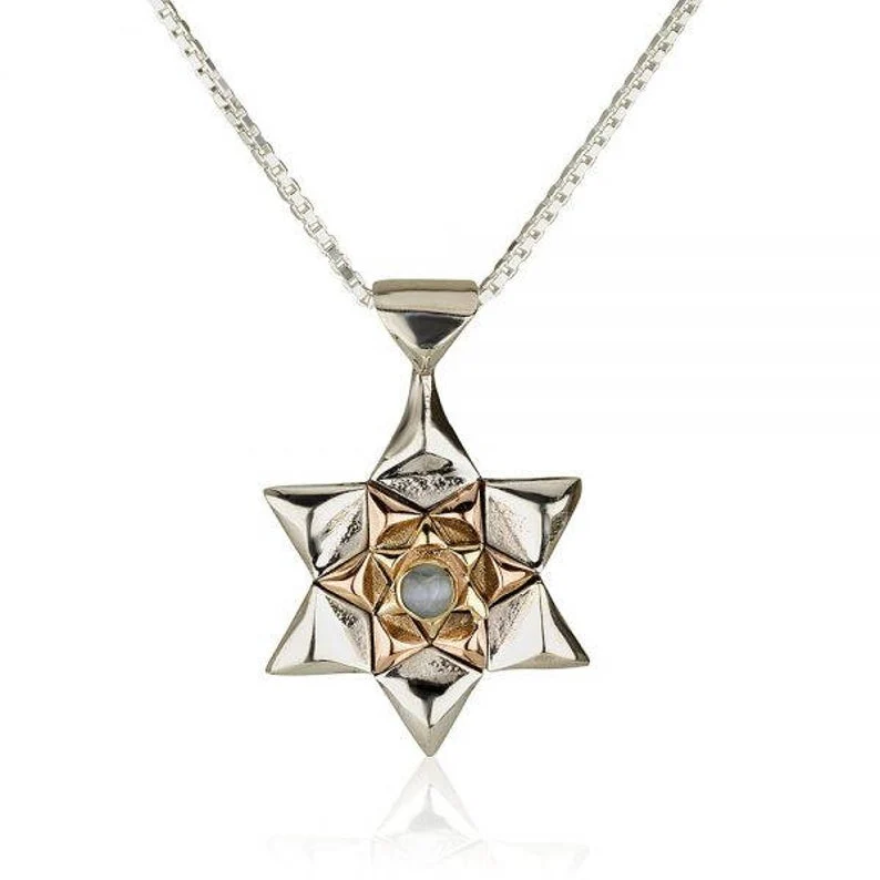 14K Gold and Silver Star of David with Chrysoberyl Kabbalah Pendant Chain Set