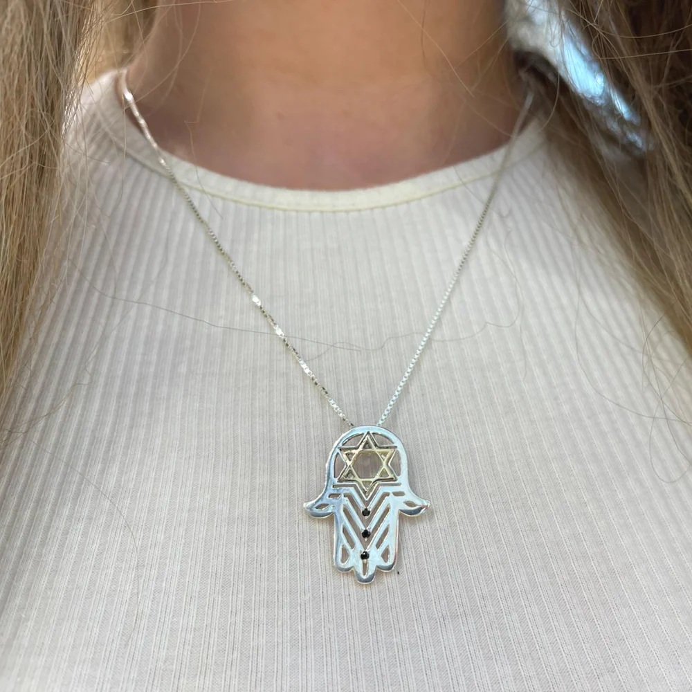 Star of David Hamsa Pendant with Black Diamonds - Image 3