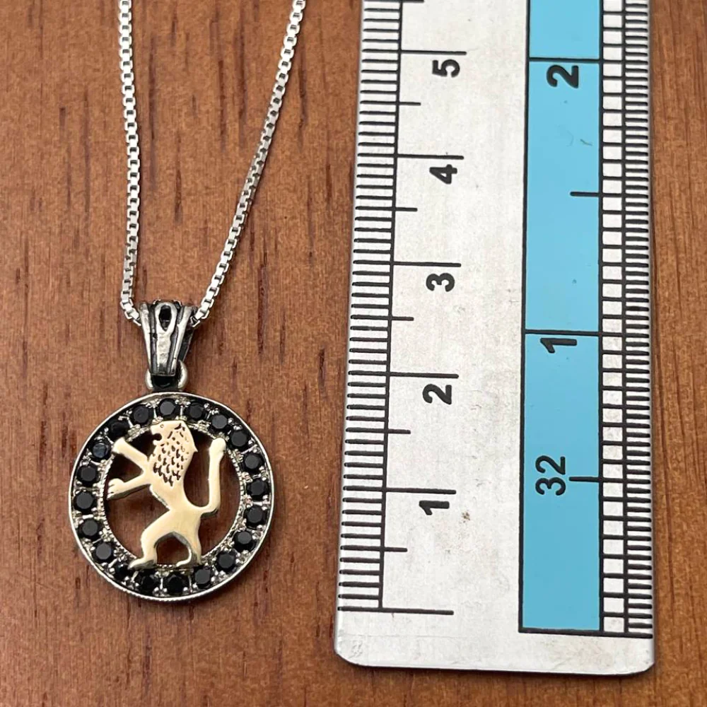 Lion of Judah Round Necklace in 9K Gold, Silver and Black Zircons - Image 4