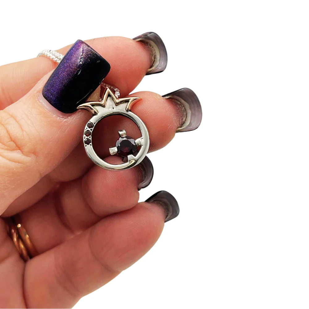 14K Gold and Silver Pomegranate with Garnet Kabbalah Pendant Set - Image 3