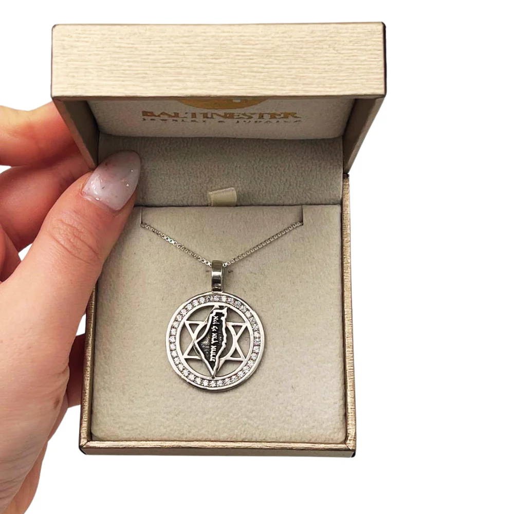 Am Israel Chai, Star of David and Israel Map Silver Kabbalah Necklace with Zircons - Image 5