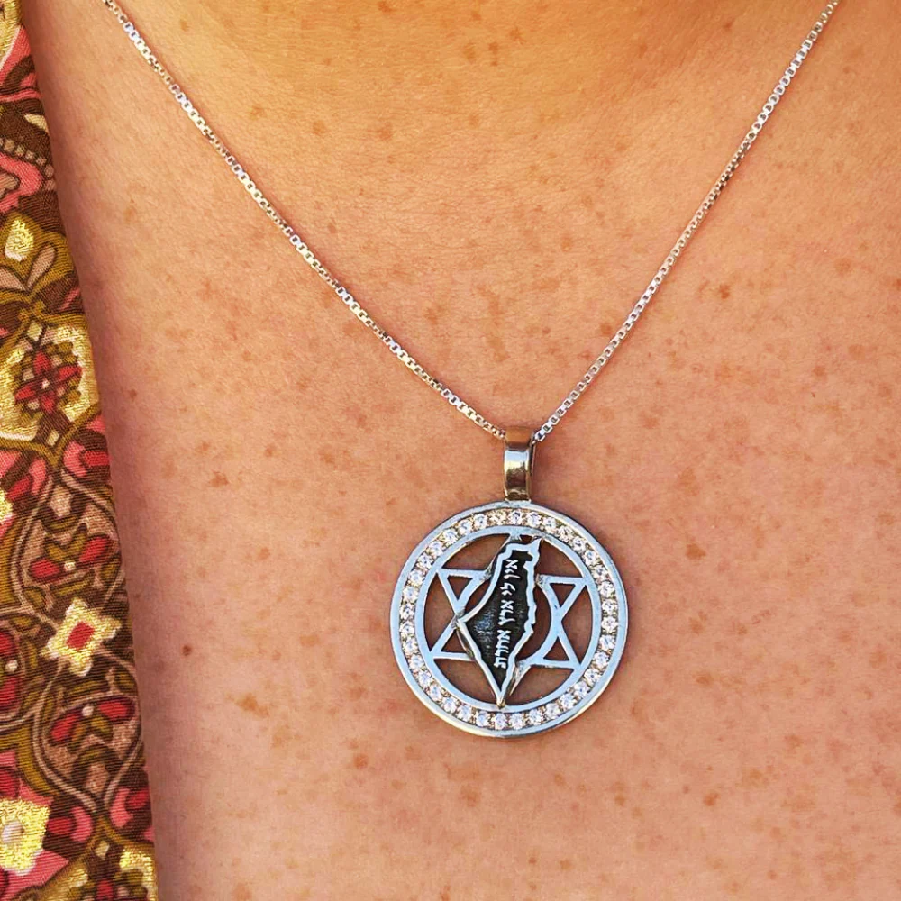 Am Israel Chai, Star of David and Israel Map Silver Kabbalah Necklace with Zircons - Image 7