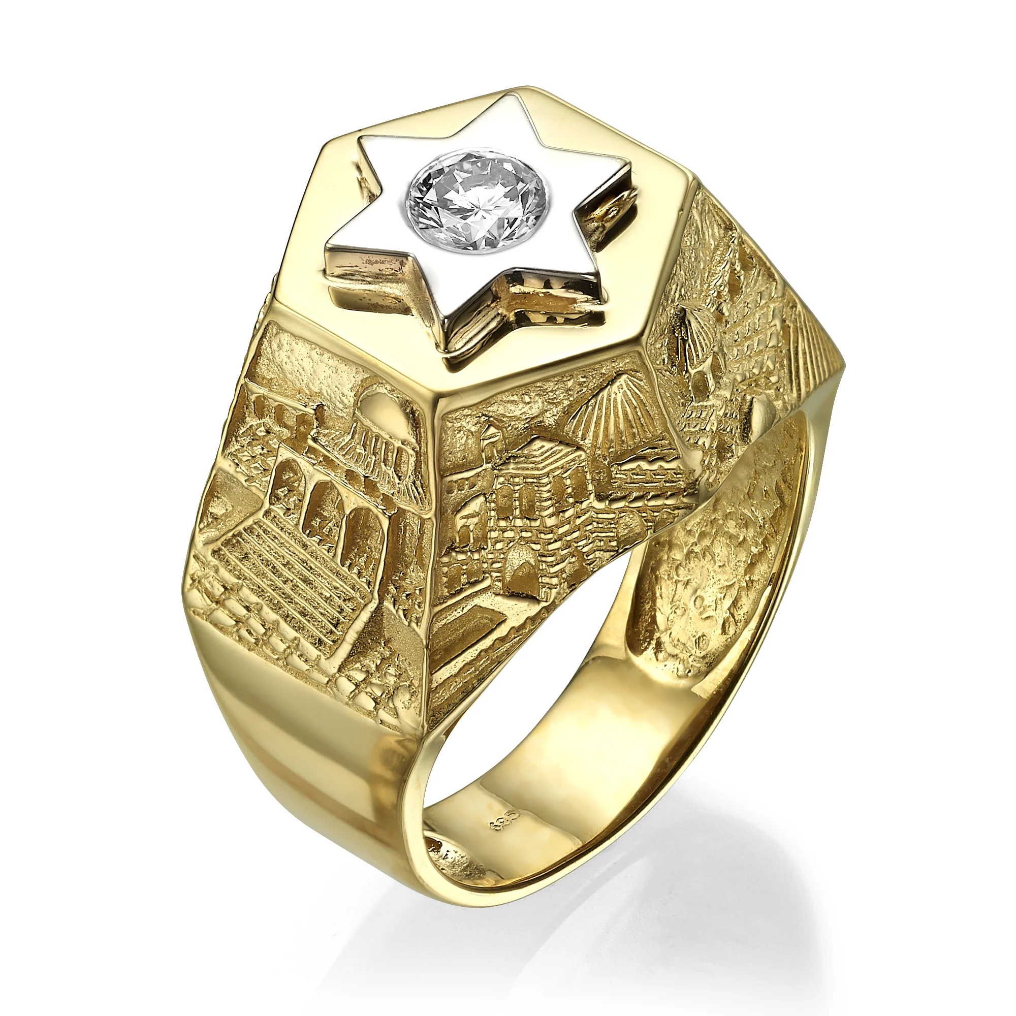 14K Yellow Gold Jerusalem & Star of David Solitaire Diamond Men’s Ring