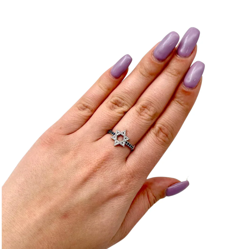 Star of David Ring with Diamonds and Sapphires in 14K White Gold - Image 3