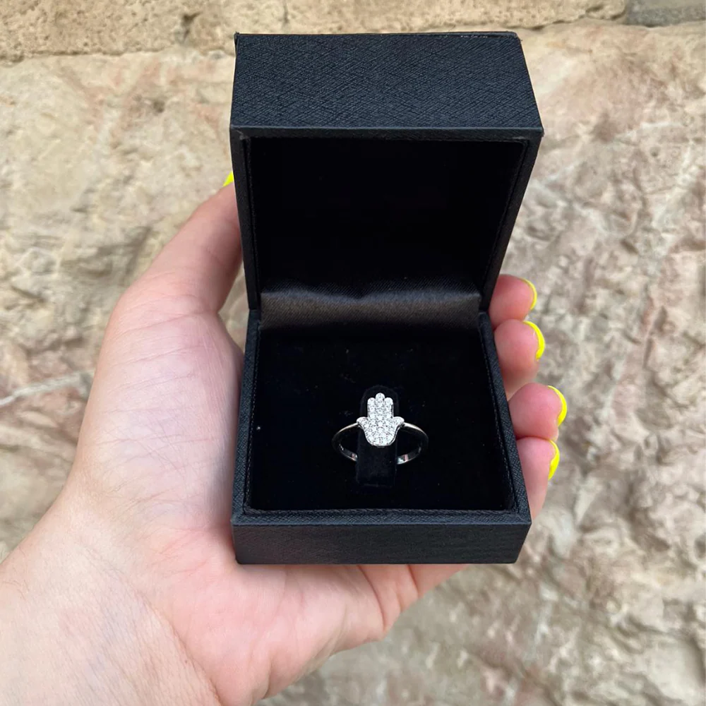14k White Gold Large Diamond Hamsa Ring - Image 3