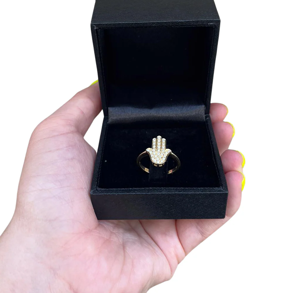 14K Gold Large Hamsa Ring Diamond Studded - Image 4