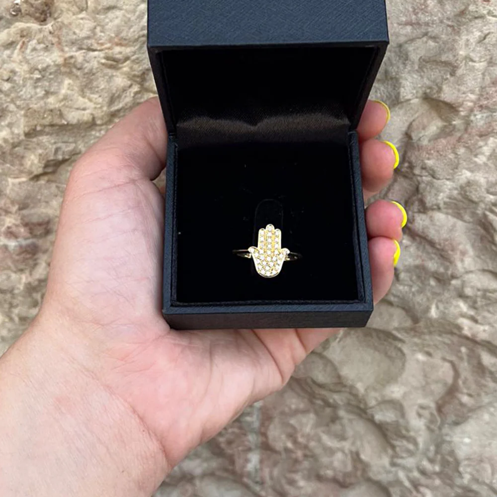 14K Gold Large Hamsa Ring Diamond Studded - Image 5