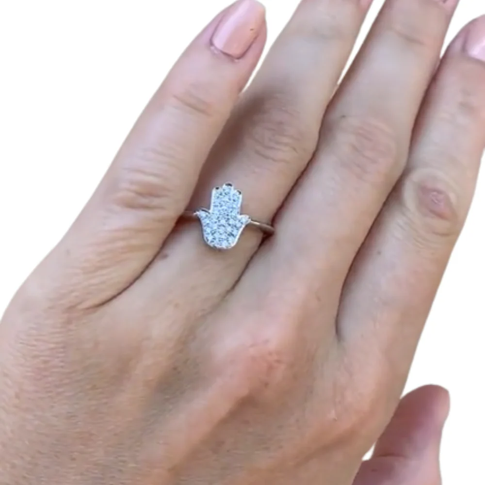 14k White Gold Small Diamond Hamsa Ring - Image 3