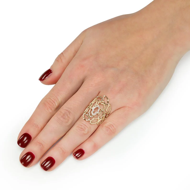 Diamond Studded Recurrent Hamsa Ring in 14K Gold - Image 2