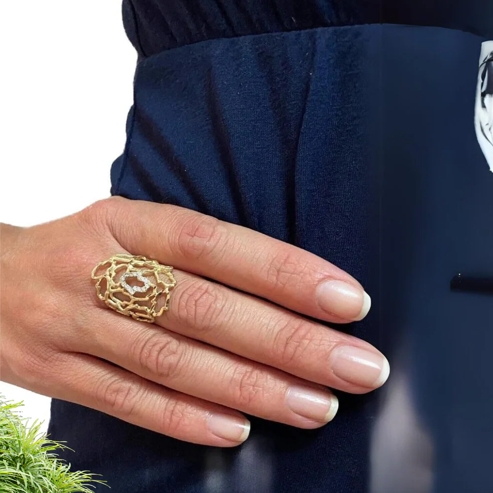Diamond Studded Recurrent Hamsa Ring in 14K Gold - Image 3