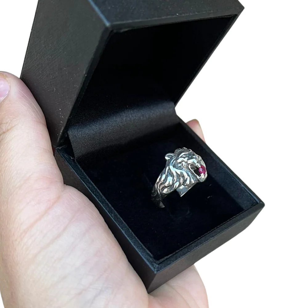 Oxidized Silver Lion of Judah Ruby Ring - Image 3